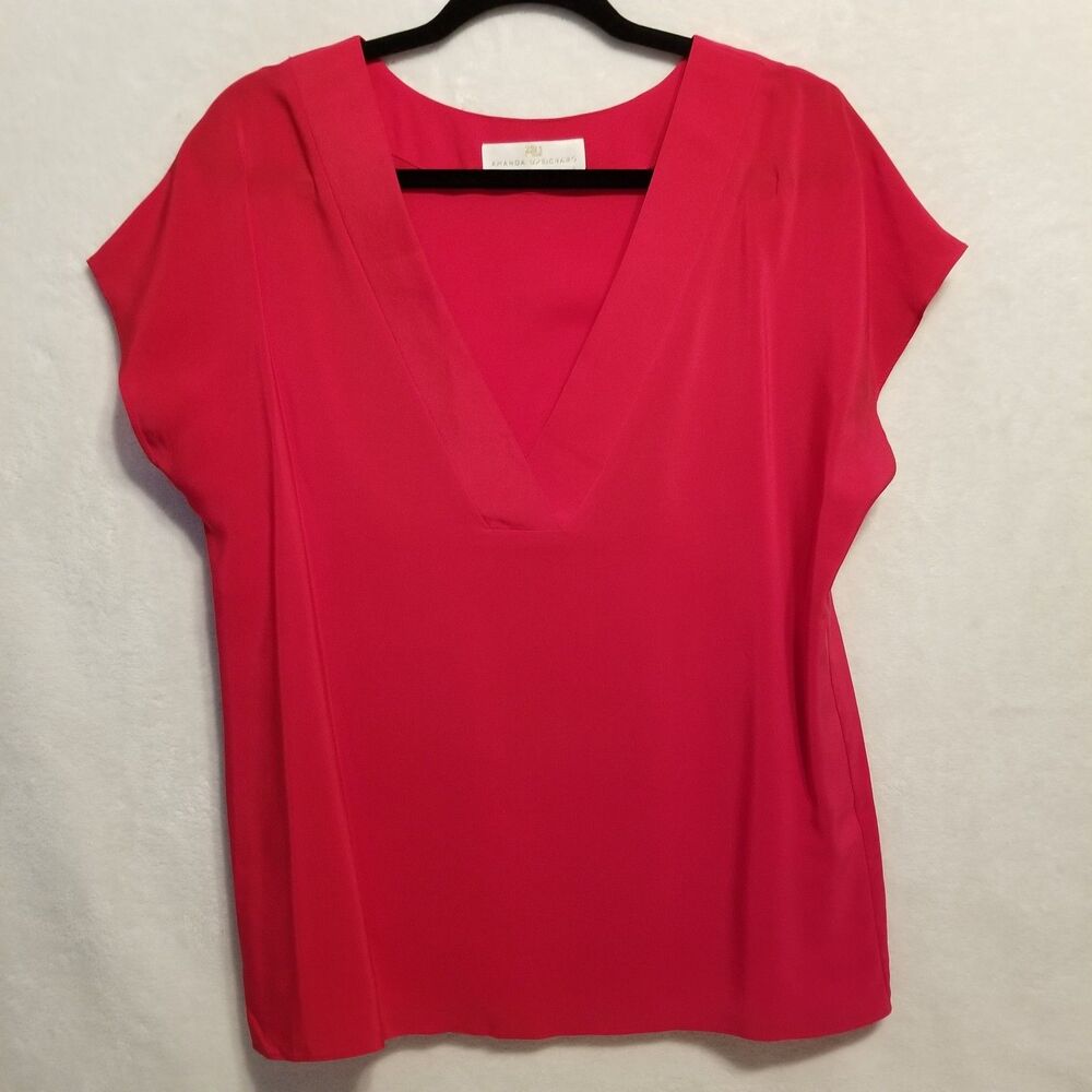 Amanda Uprichard L Top 100% Silk Red V Neck Lightweight Preppy Office  Career